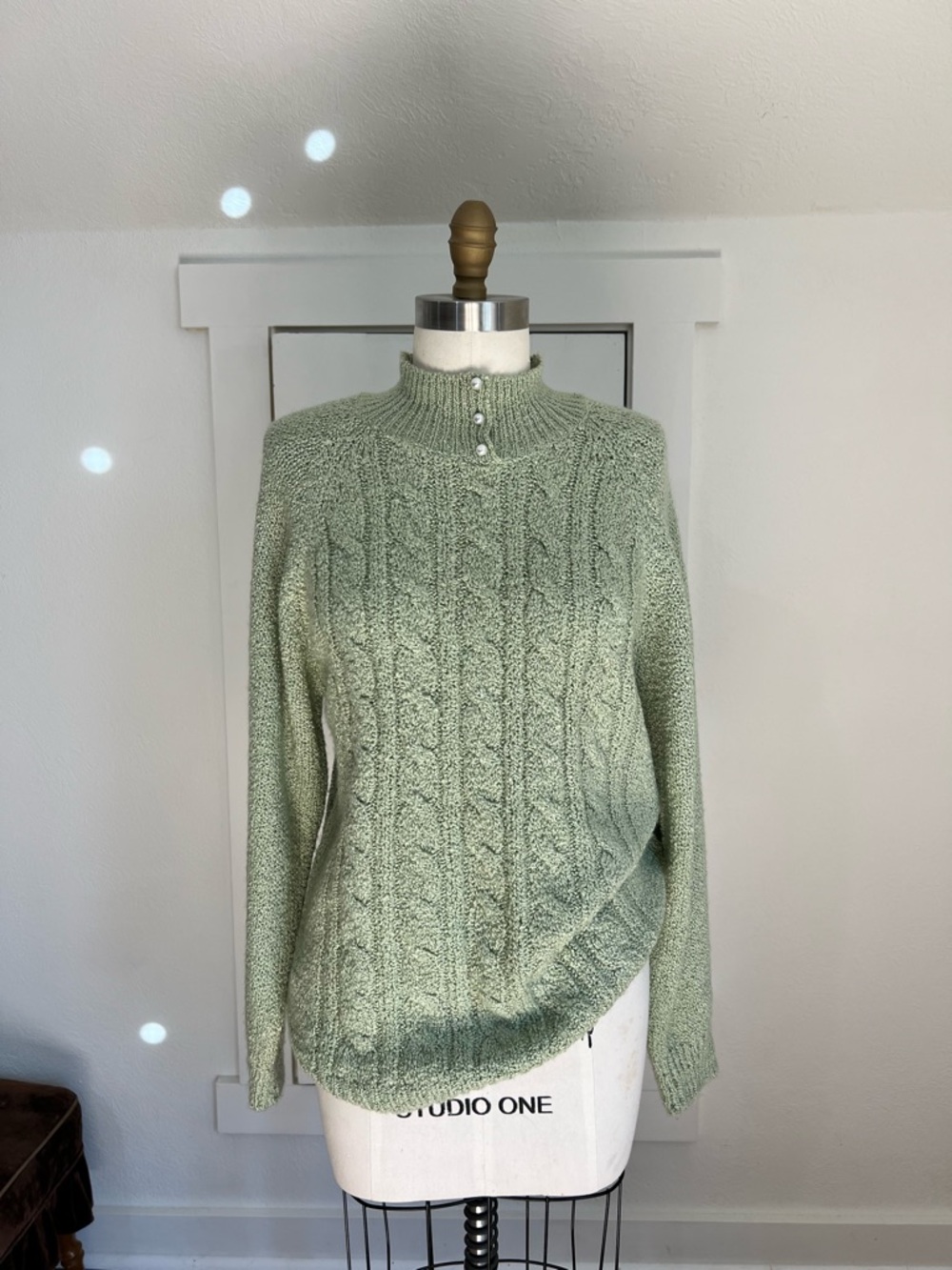 Sage Green Soft Mock-Neck Pullover Sweater with Pearl-like Buttons